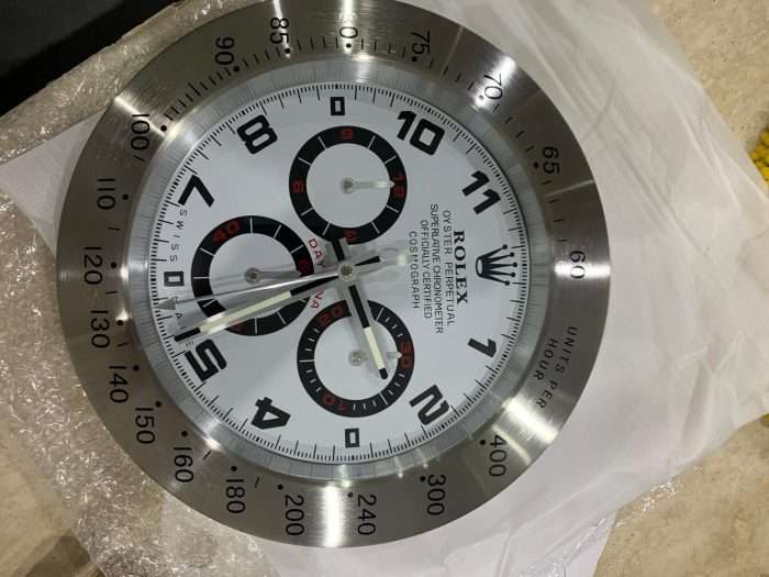 Rolex wall clock in sliver bezel with white face