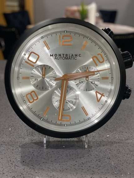 High-quality wall clock MONTBLANC with matt black bezel - silver face with orange dial