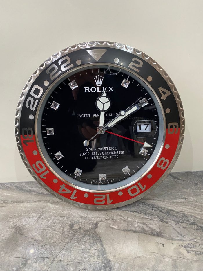 GM MASTER II Wall Clock stainless steel diamond dial with black – red bezel and black face.