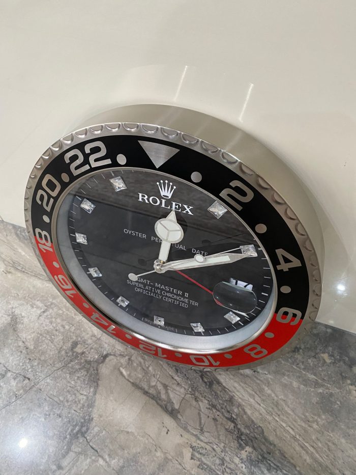 GM MASTER II Wall Clock stainless steel diamond dial with black – red bezel and black face.